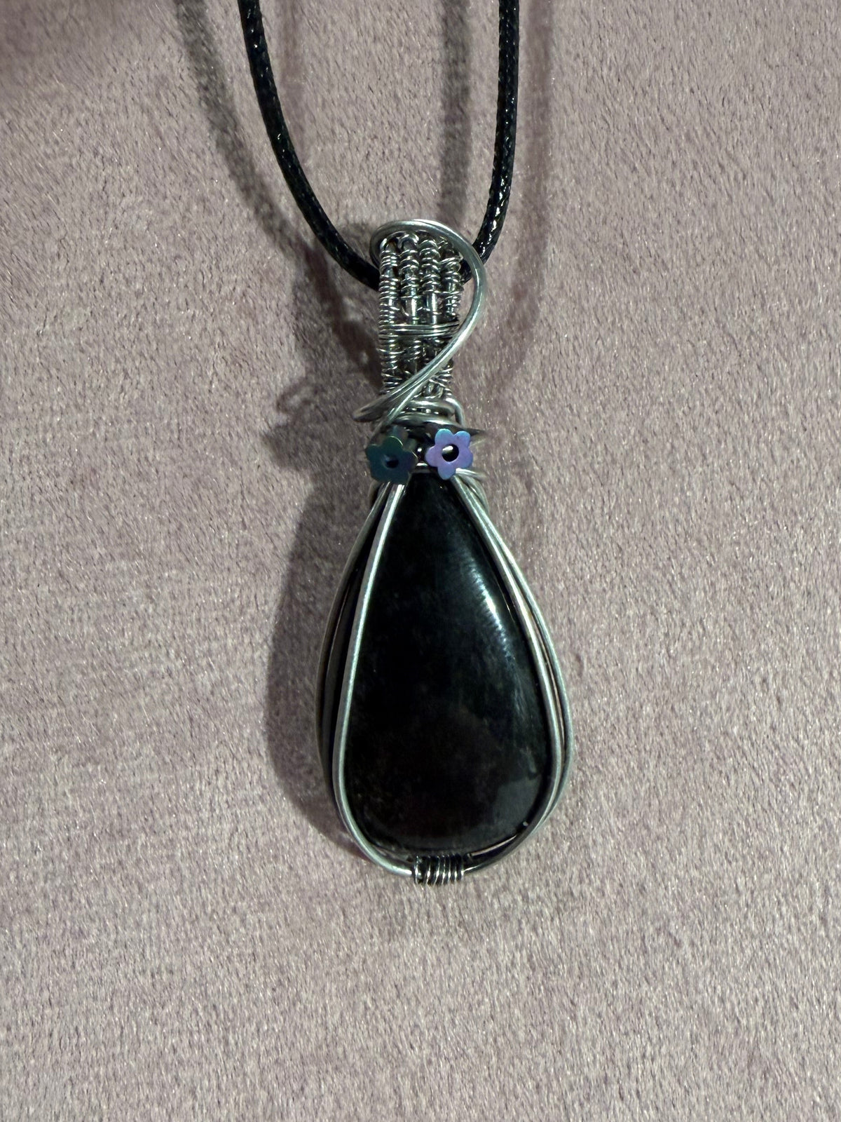 Silver-Sheen Obsidian stainless steel wire-wrapped pendant