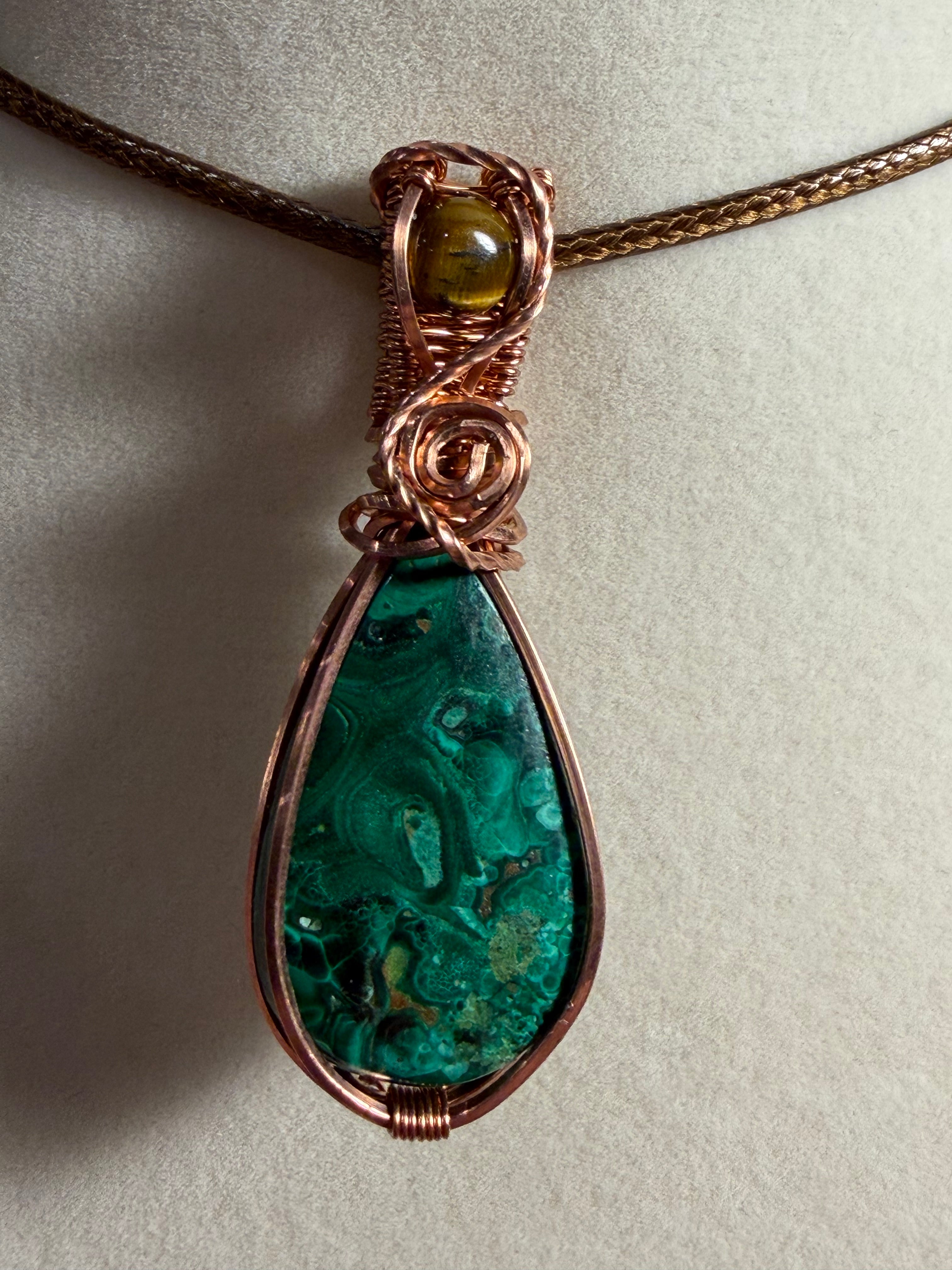 Malachite & Tiger's Eye copper wire-wrapped pendant