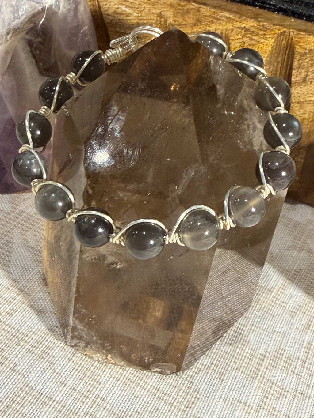 Gray Moonstone 6.5 inch silver-tone copper wire-wrapped bracelet