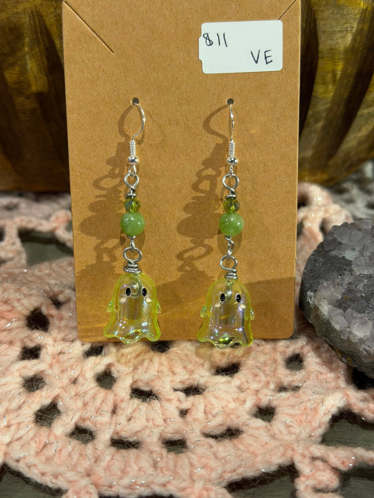 Peridot & glass beaded ghost earrings