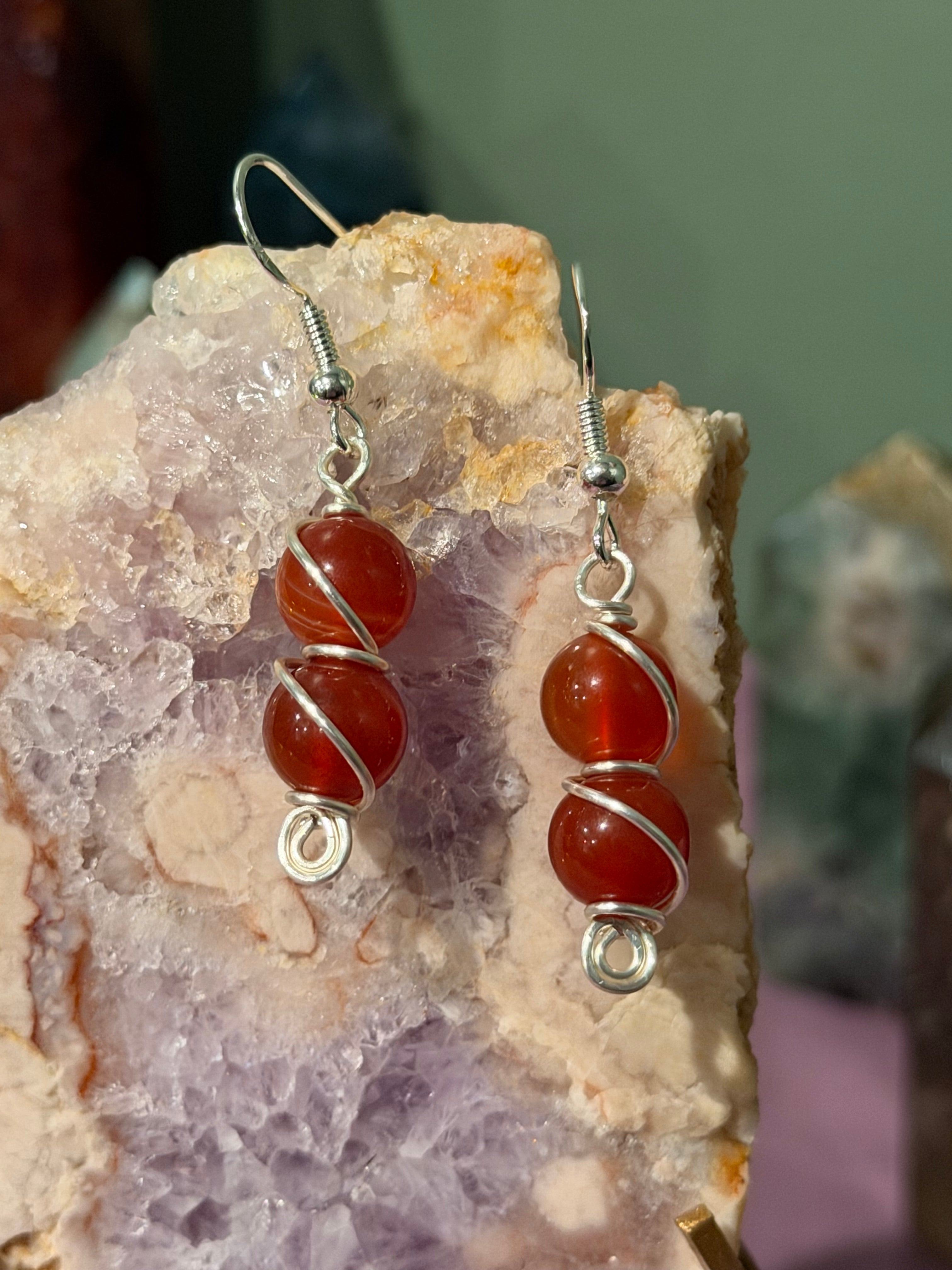 Double Carnelian silver-tone copper wire-wrapped earrings
