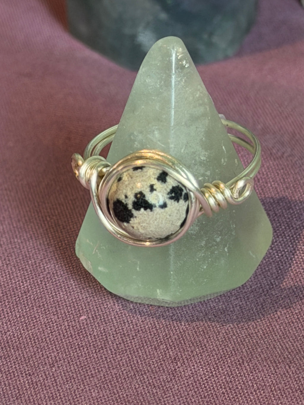 Dalmatian Jasper size 6 silver-tone copper wire-wrapped ring
