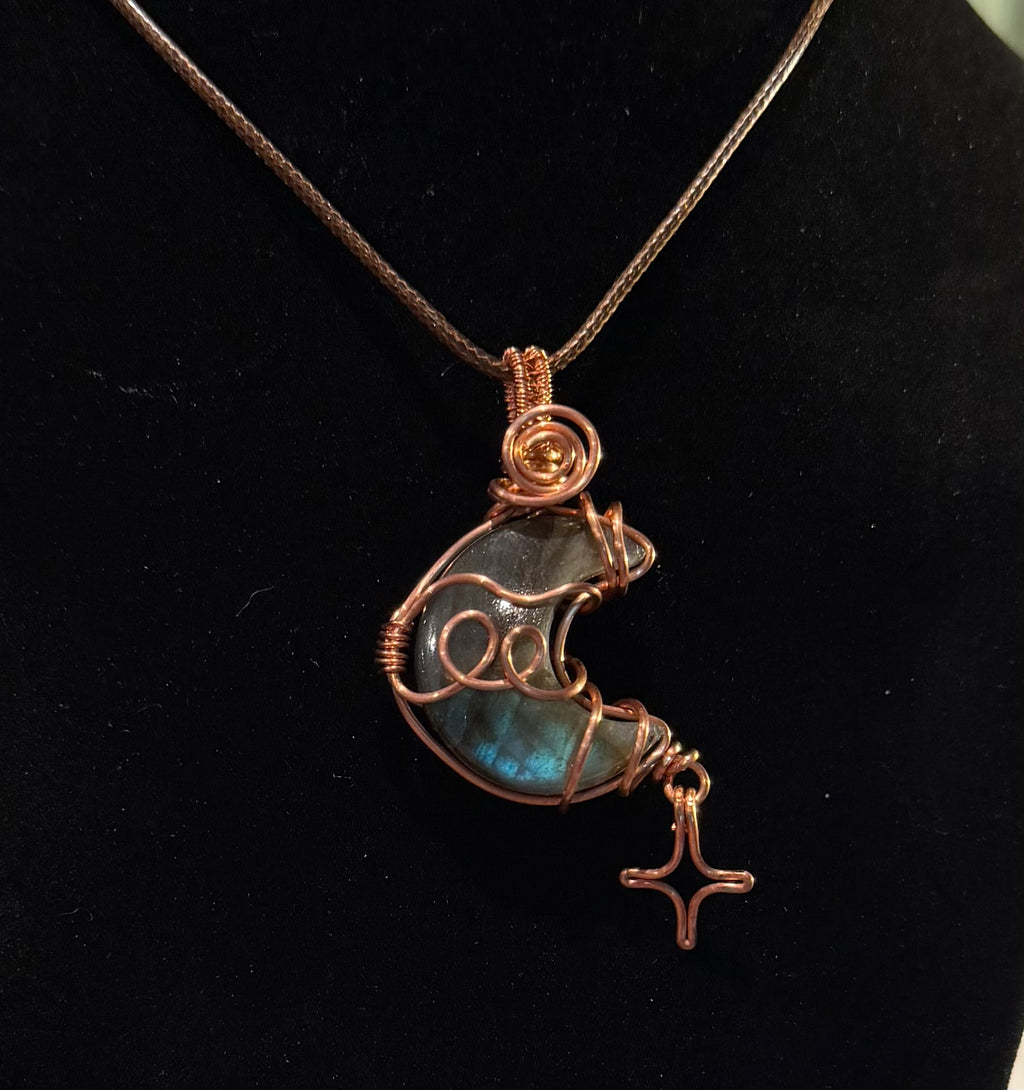 Labradorite moon copper wire-wrapped pendant