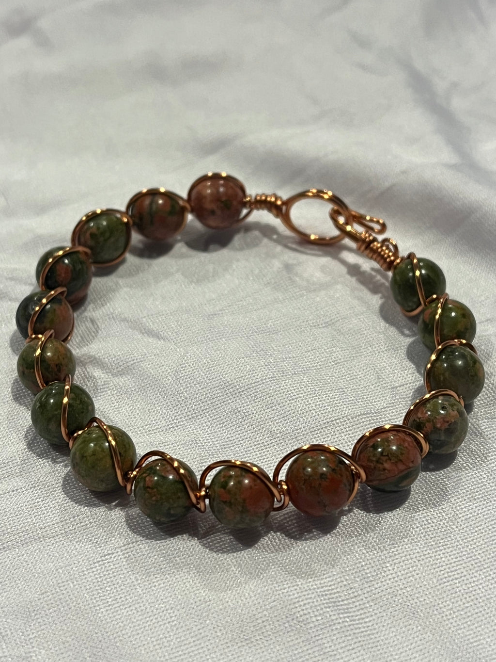 Unakite 6.5 inch copper wire-wrapped bracelet