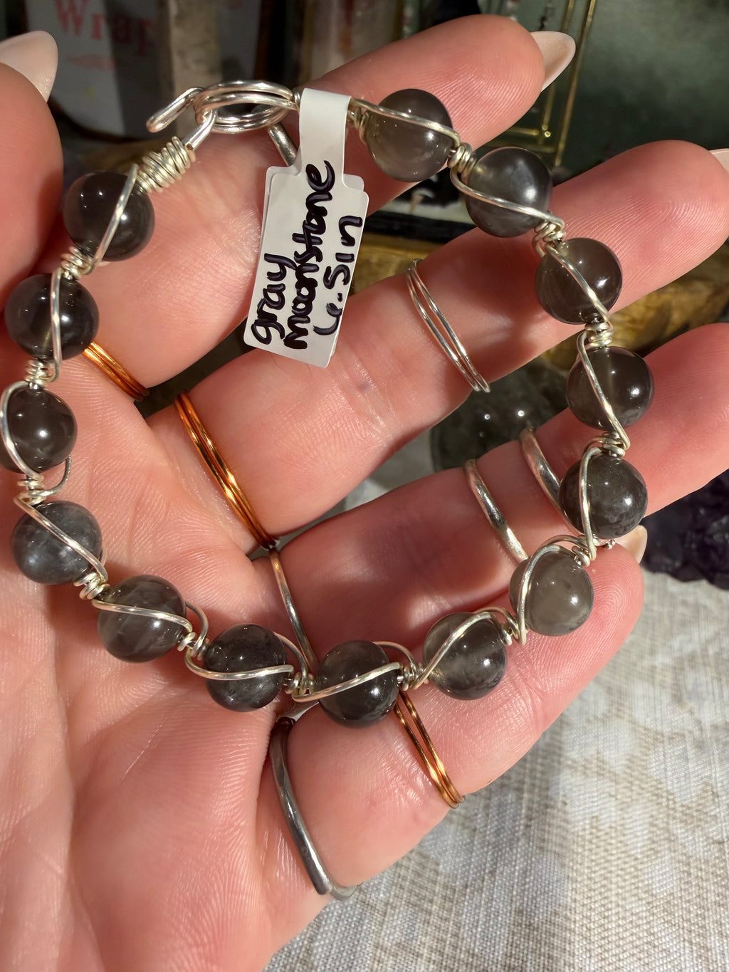 Gray Moonstone 6.5 inch silver-tone copper wire-wrapped bracelet
