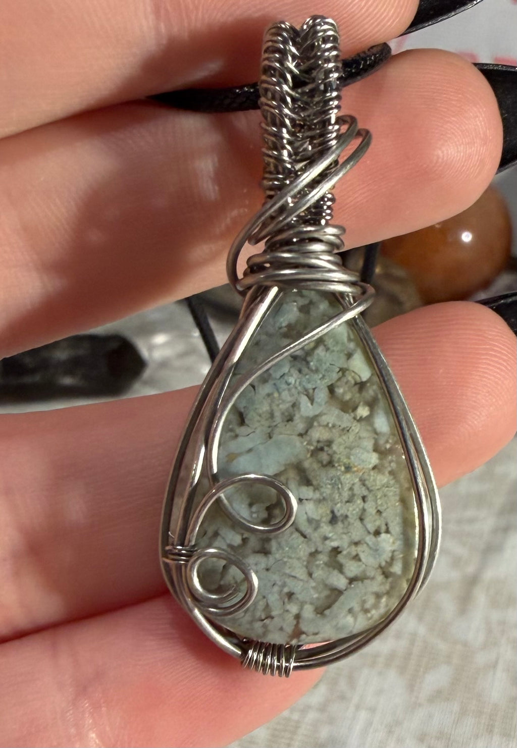 Blue Brecciated Jasper stainless steel wire-wrapped pendant