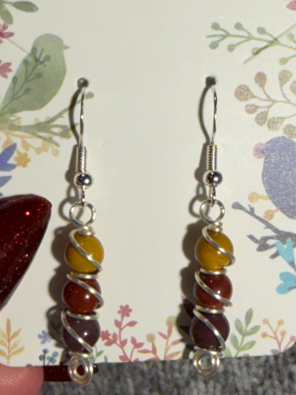 Mookaite Jasper beaded silver-tone copper wire-wrapped earrings