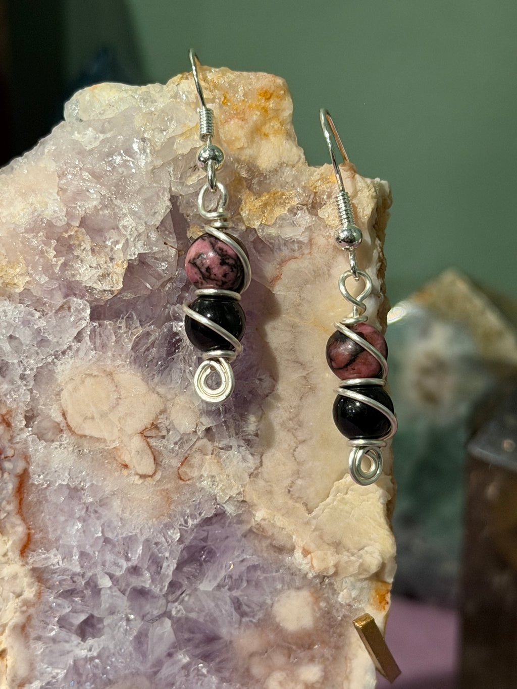 Rhodonite & Obsidian silver-tone copper wire-wrapped earrings