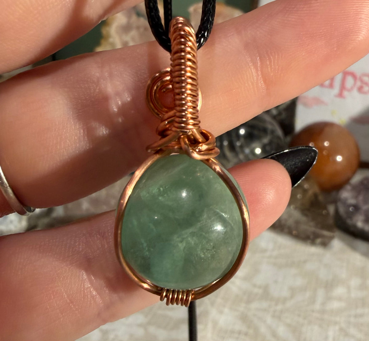 Fluorite mini sphere copper wire-wrapped pendant