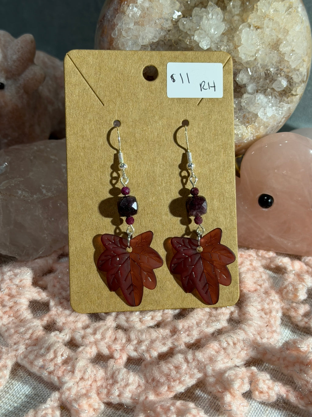 Red leaf dangle earrings