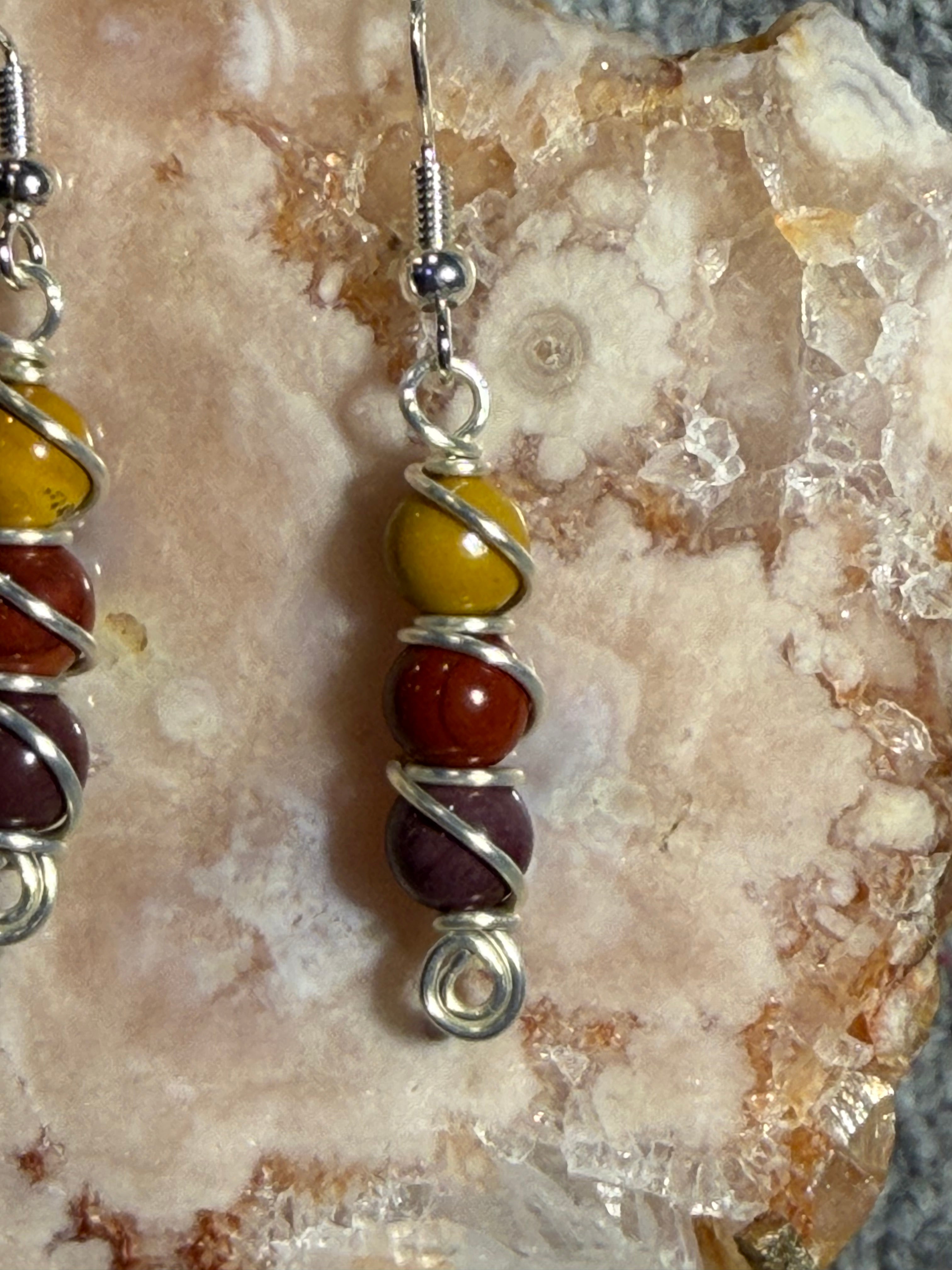 Mookaite Jasper beaded silver-tone copper wire-wrapped earrings