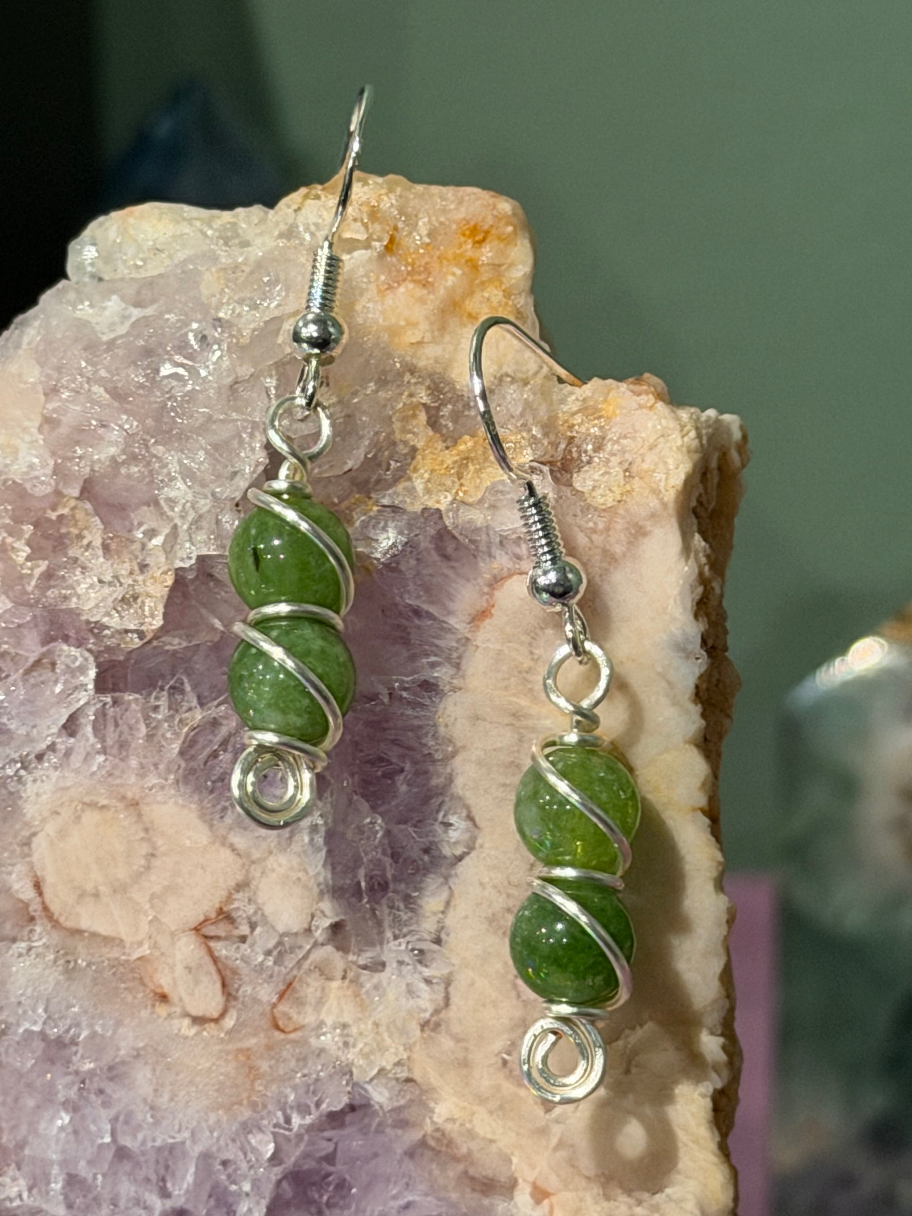 Double Peridot silver-tone copper wire-wrapped earrings