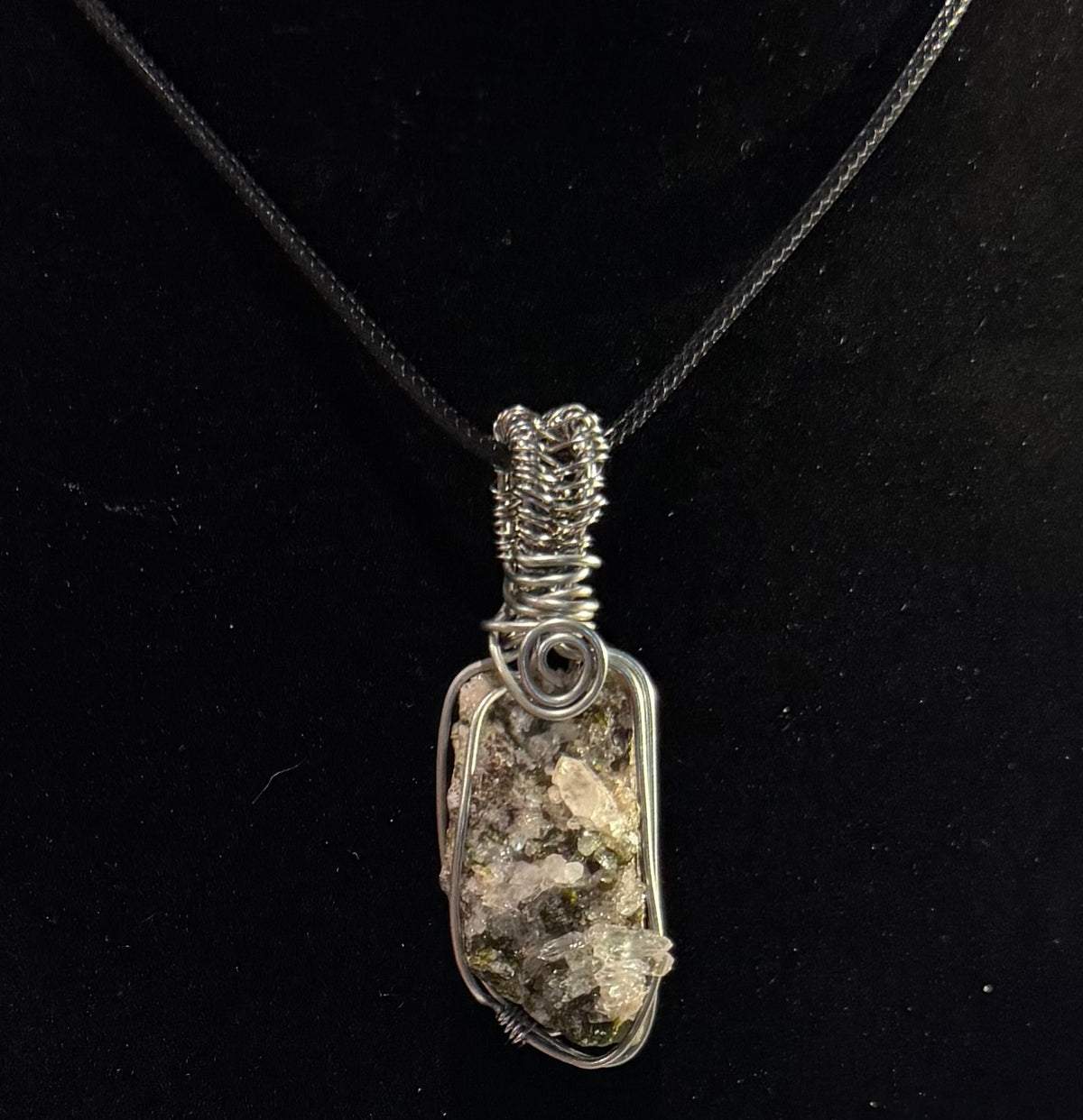 Epidote & Quartz specimen stainless steel wire-wrapped pendant