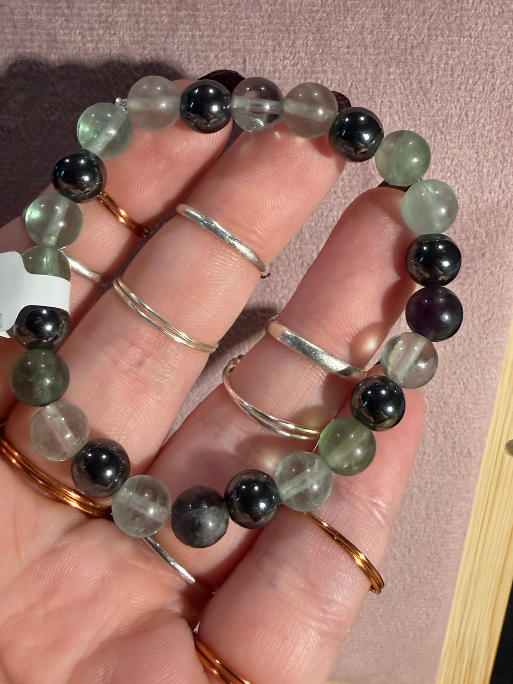 Fluorite & Hematite 6.5 inch beaded stretchy bracelet