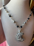 Dalmatian Jasper Moon & Obsidian beaded wire-wrapped pendant necklace