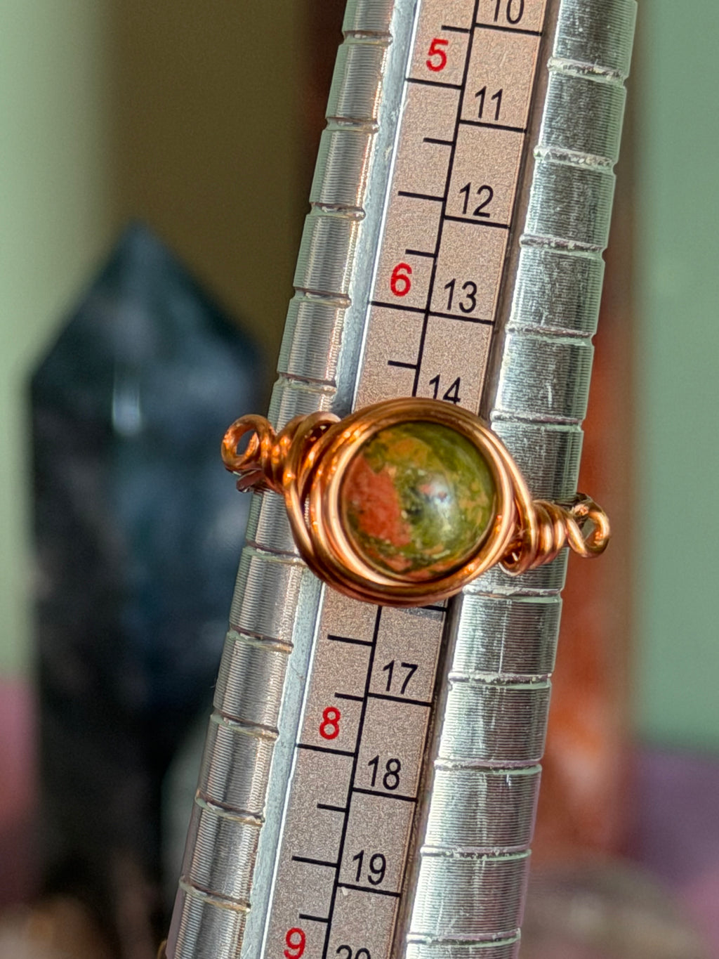 Unakite size 7 copper wire-wrapped ring