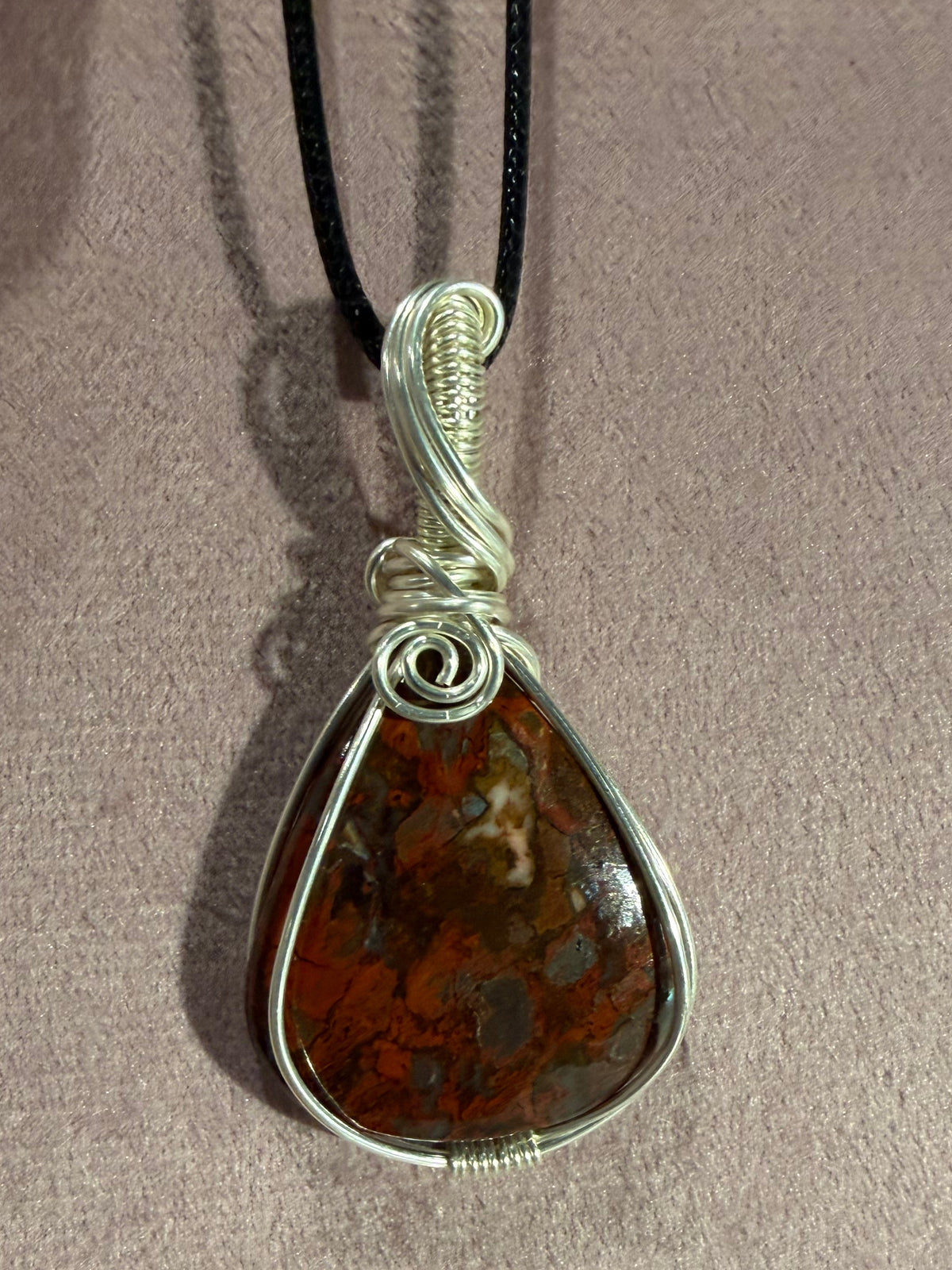Jaspellite silver-tone copper wire-wrapped pendant