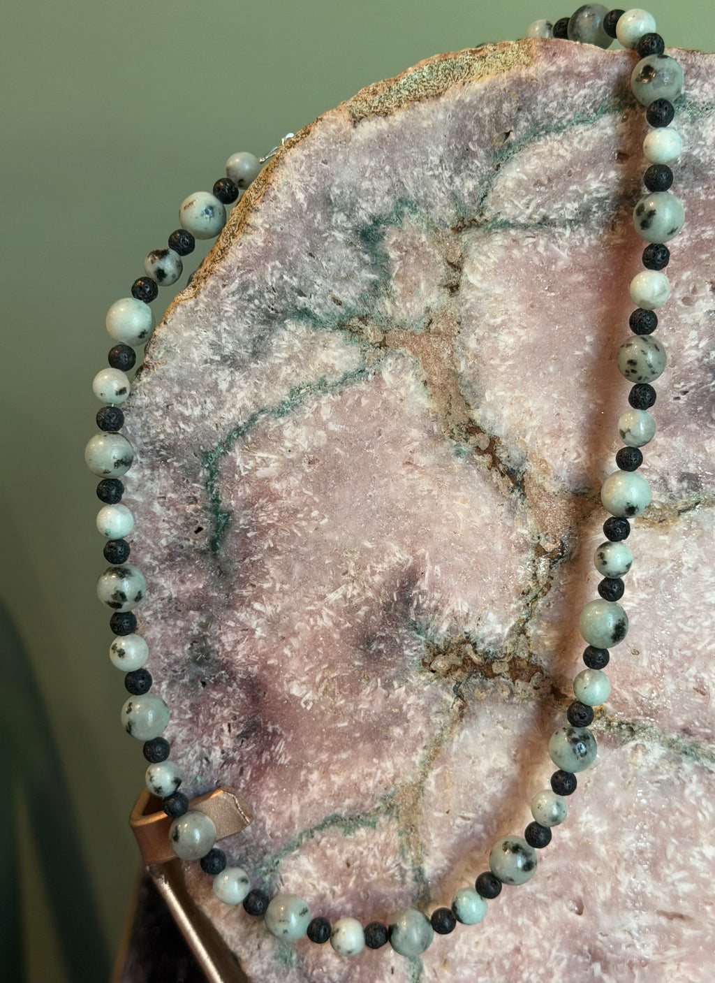 Kiwi Jasper & Lava Stone beaded necklace