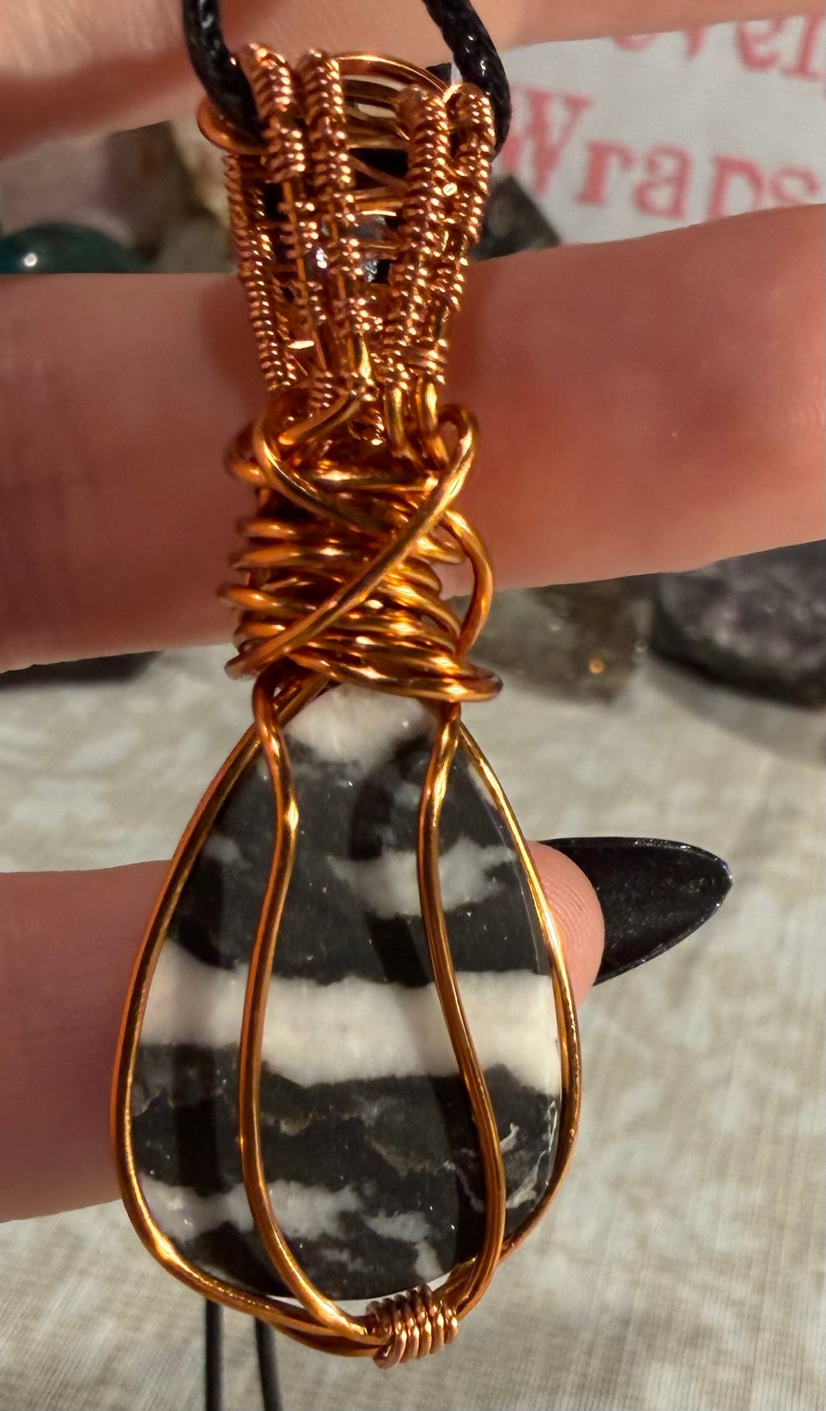 Zebra Jasper & Obsidian copper wire-wrapped pendant
