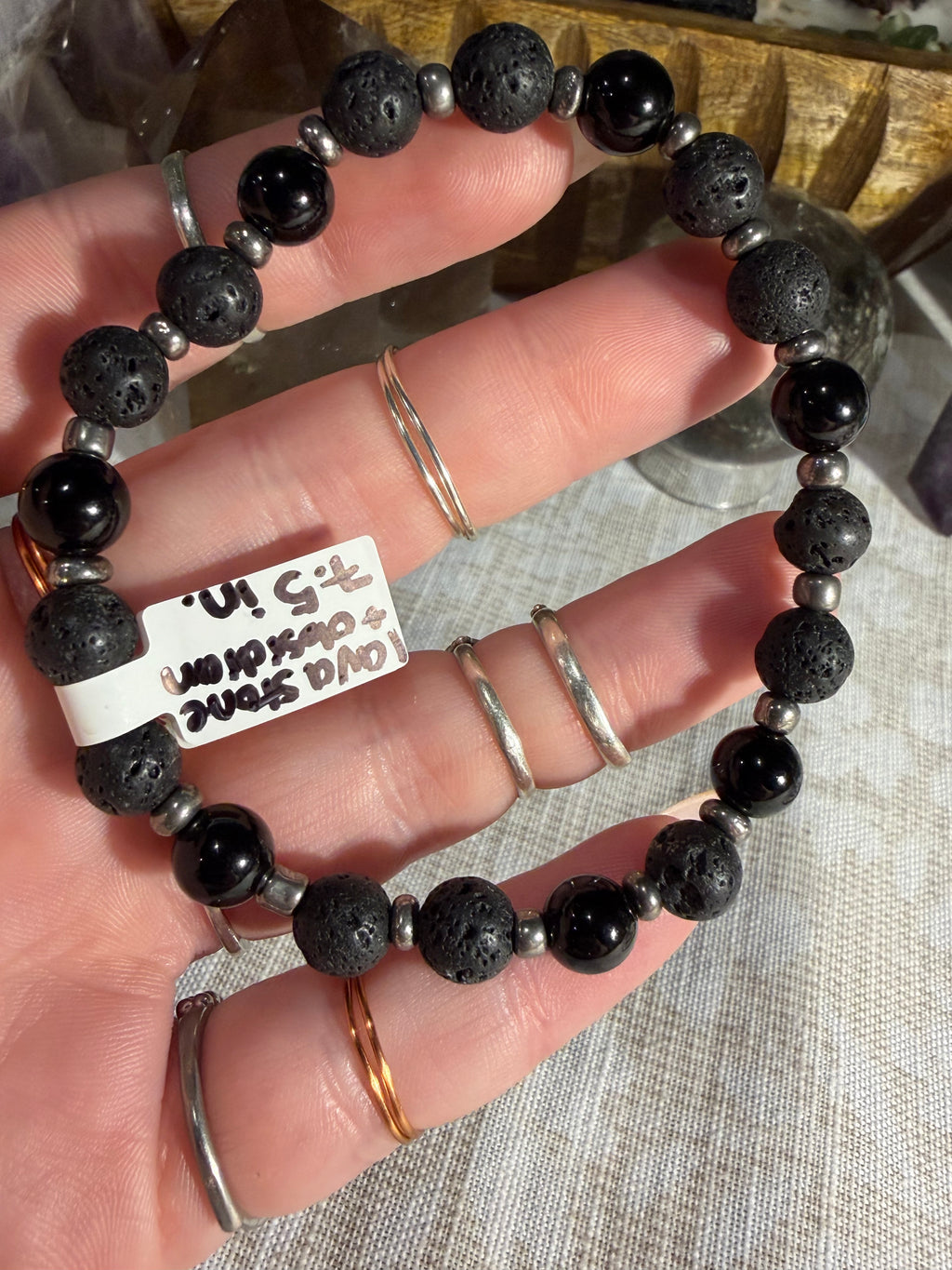 Lava Stone & Obsidian 7.5 inch stretchy bracelet