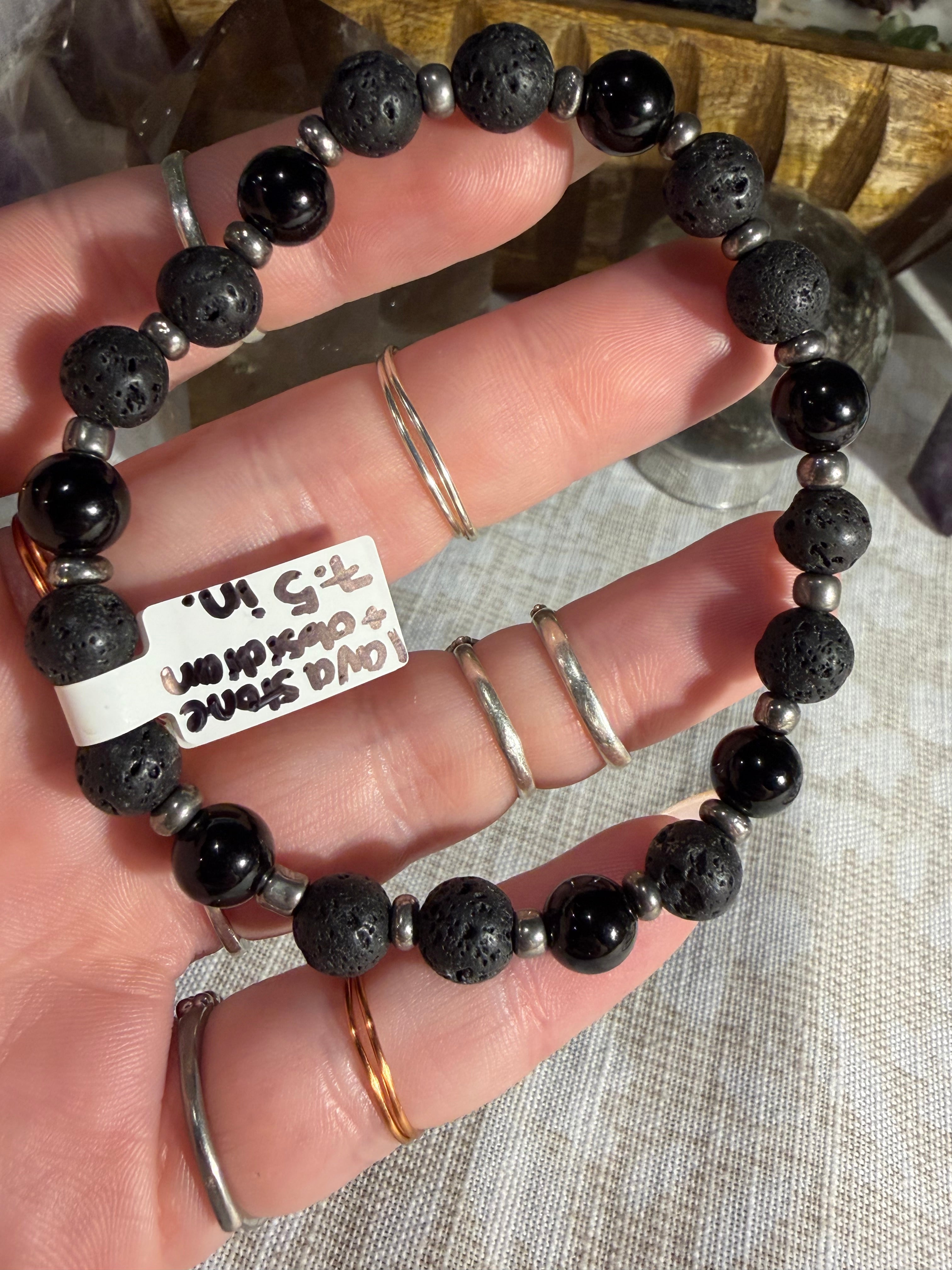 Lava Stone & Obsidian 7.5 inch stretchy bracelet