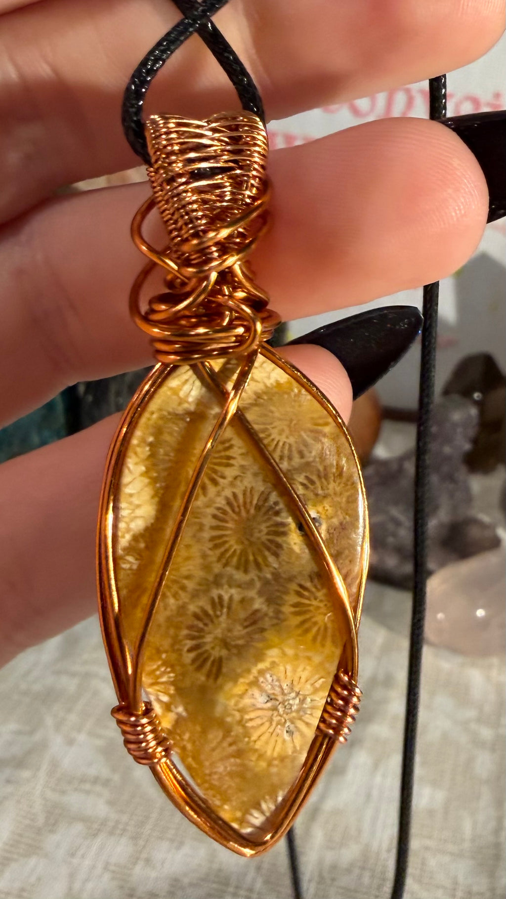 Fossil Coral copper wire-wrapped pendant