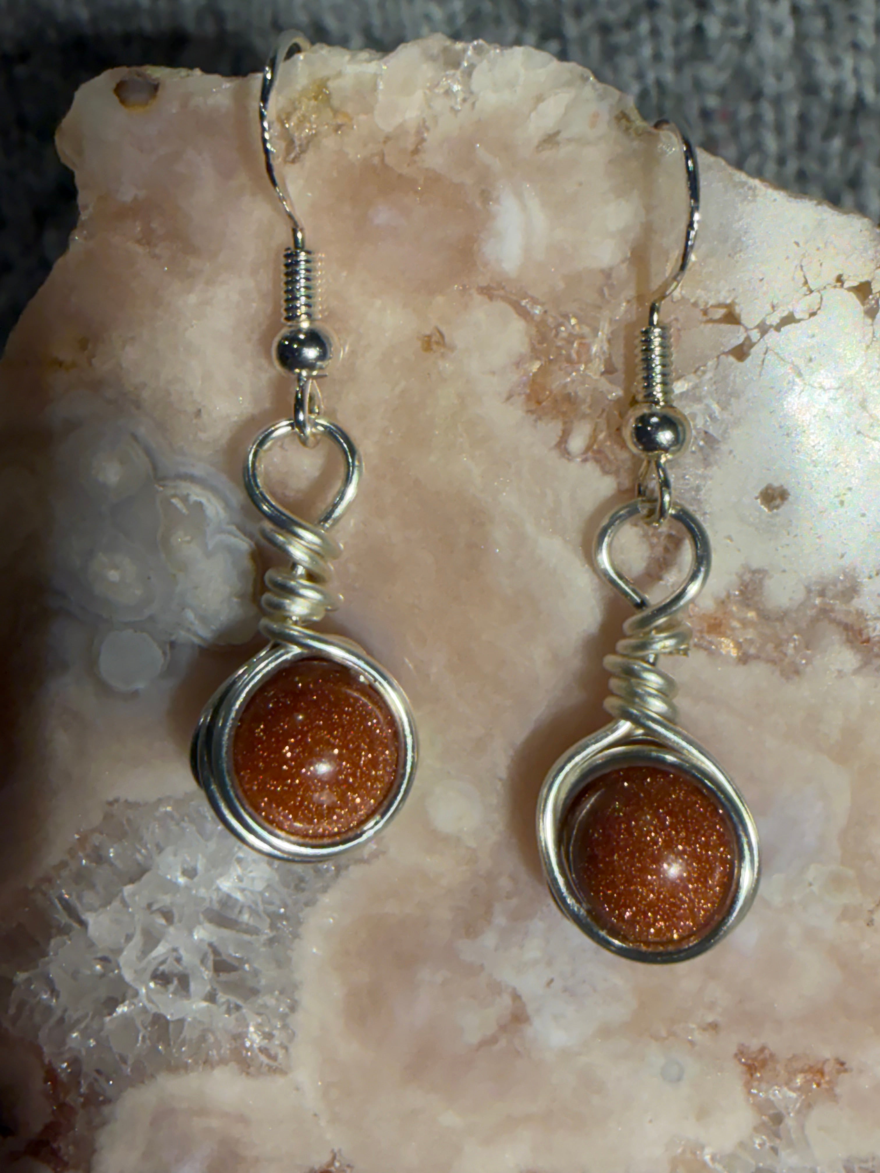 Sandstone bead silver-tone copper wire-wrapped earrings