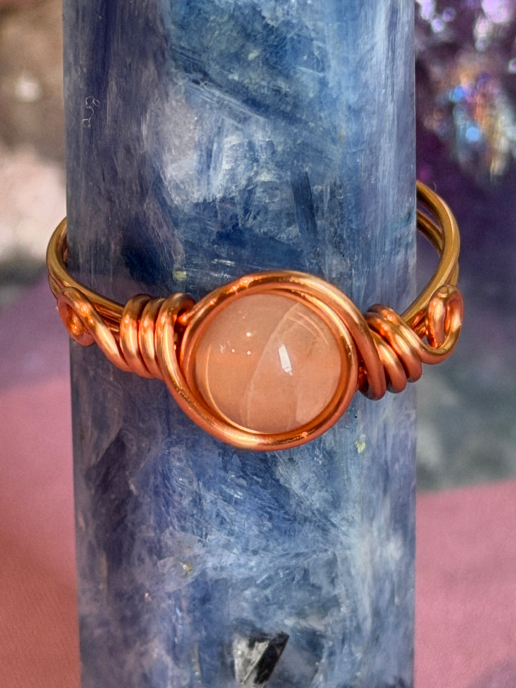 Peach Moonstone size 11 copper wire-wrapped ring