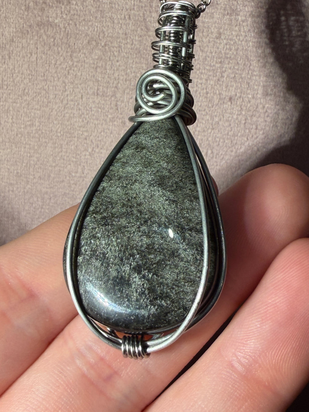 Silver Sheen Obsidian stainless-steel wire-wrapped pendant