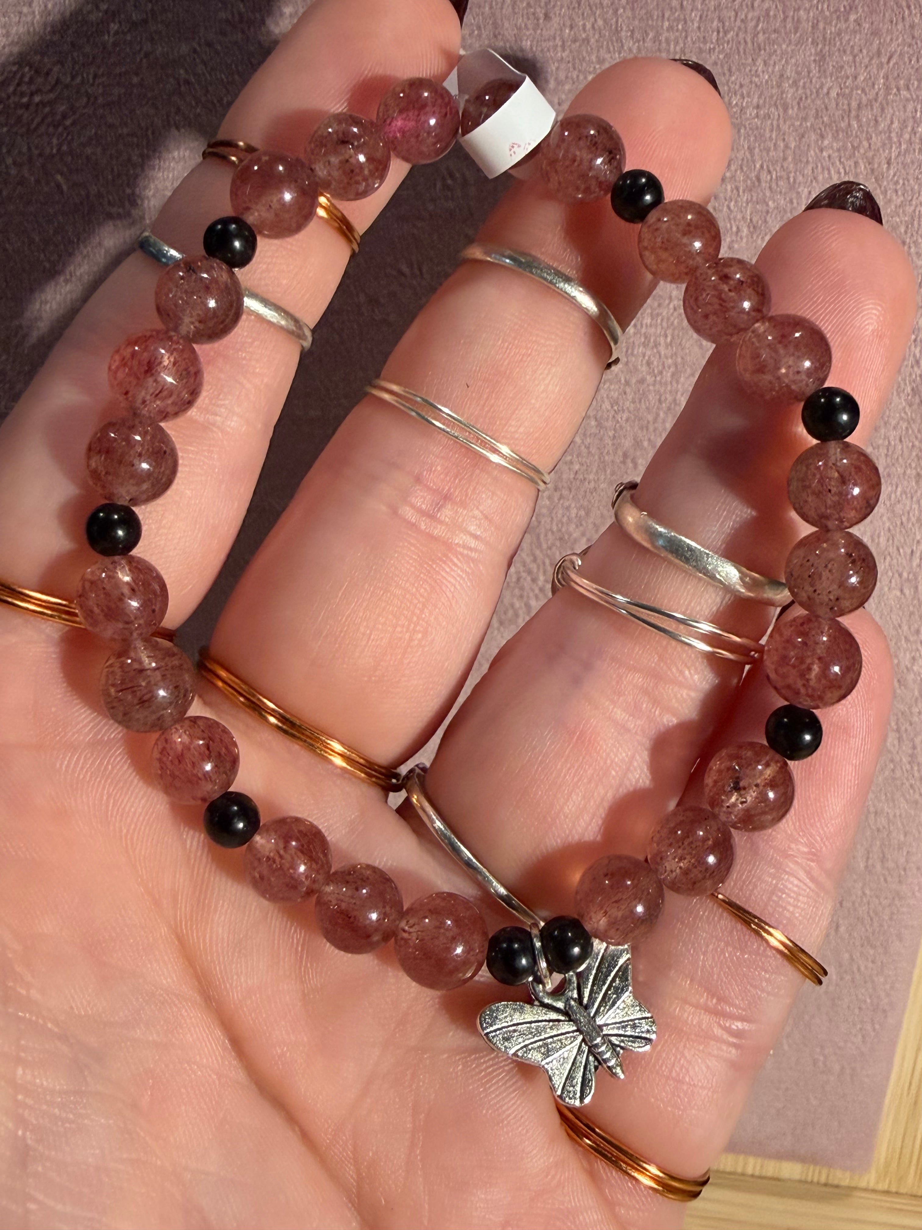 Strawberry Quartz & Obsidian 7 inch beaded stretchy bracelet