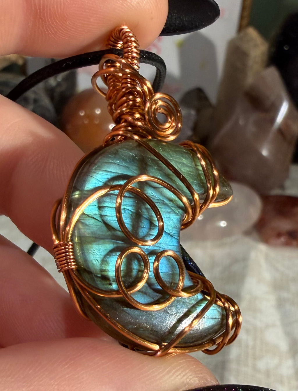 Labradorite moon copper wire-wrapped pendant