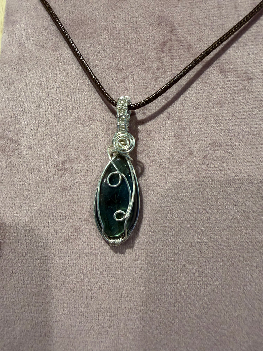 Labradorite silver-tone copper wire-wrapped pendant