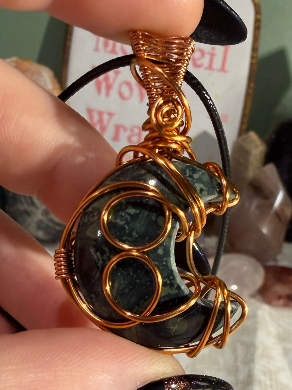 Kambaba Jasper moon copper wire-wrapped pendant