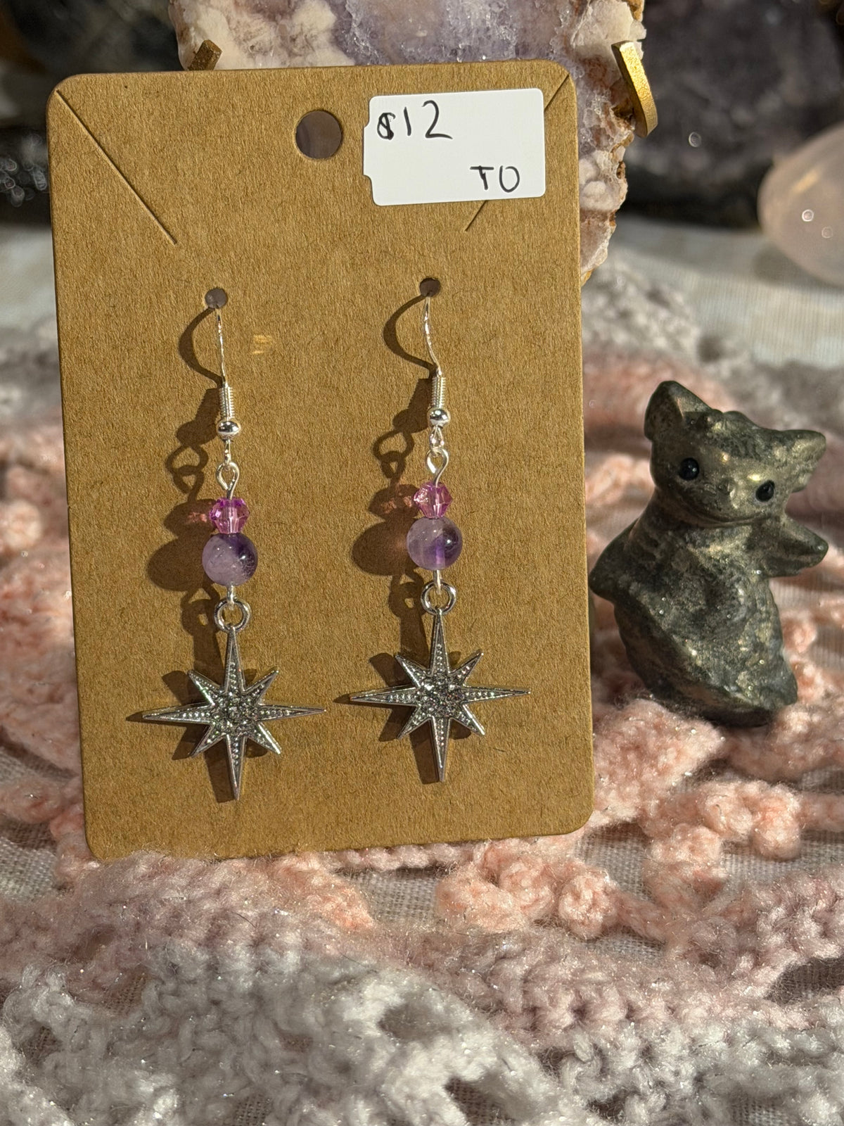 Amethyst and glass beaded star earrings