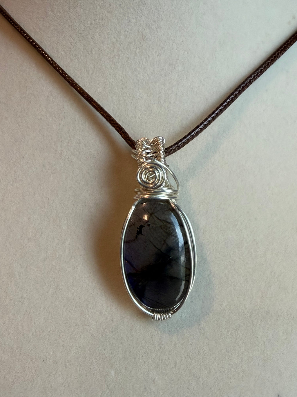 Labradorite silver-tone copper wire-wrapped pendant