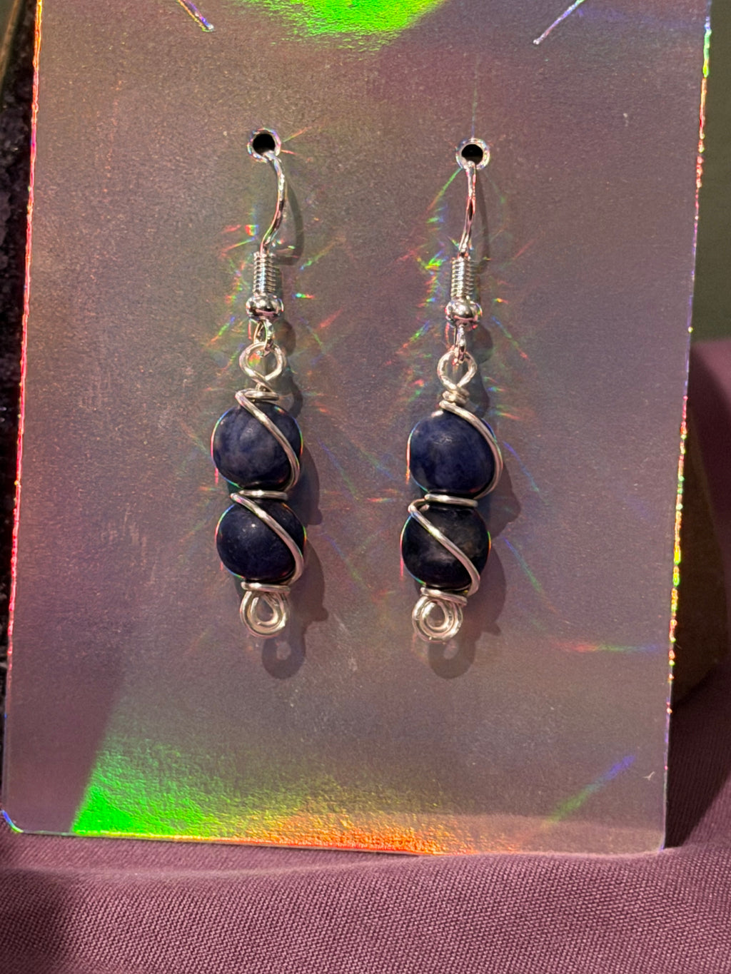 Double Sodalite silver-tone copper wire-wrapped earrings