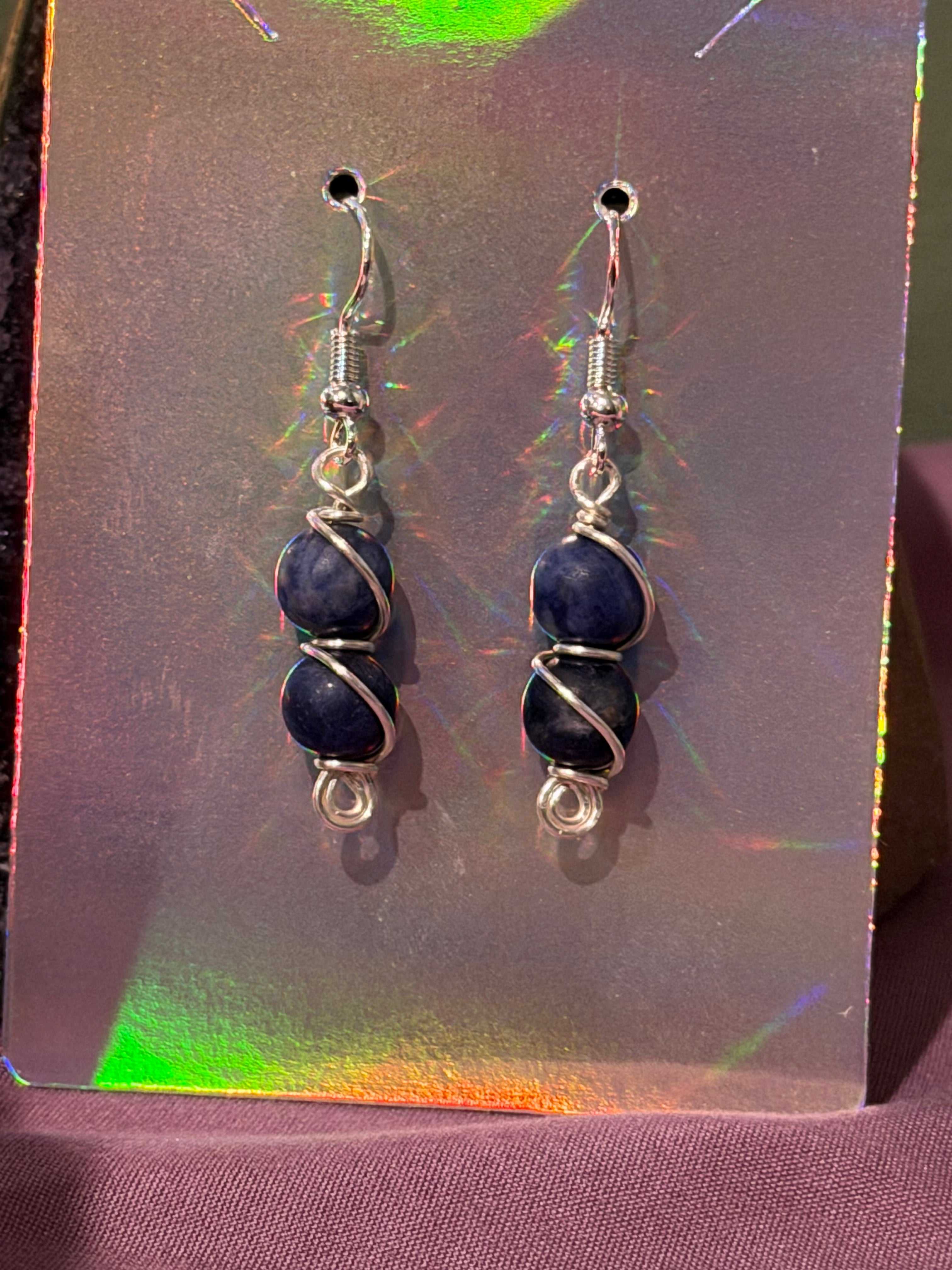 Double Sodalite silver-tone copper wire-wrapped earrings