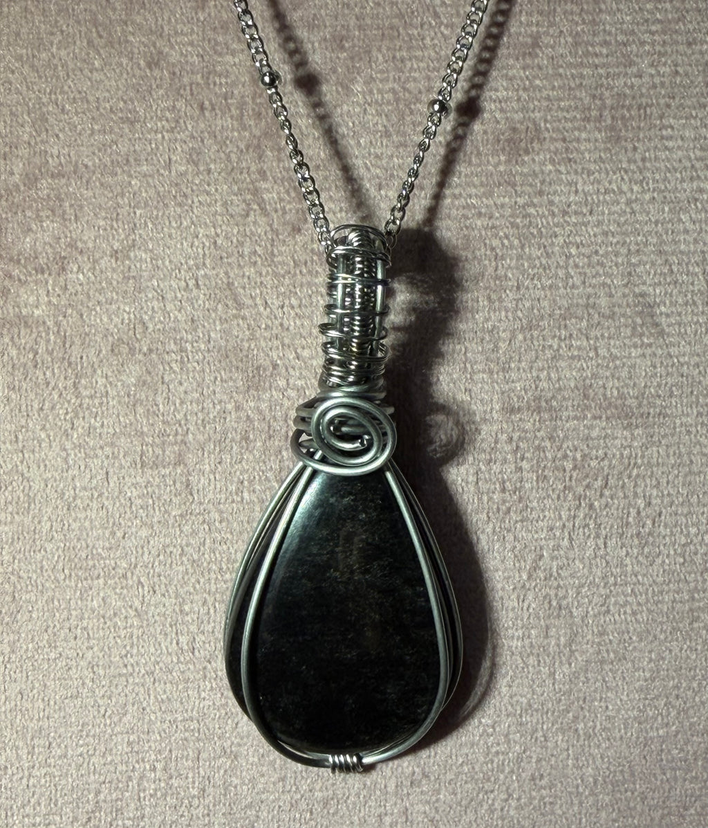 Silver Sheen Obsidian stainless-steel wire-wrapped pendant