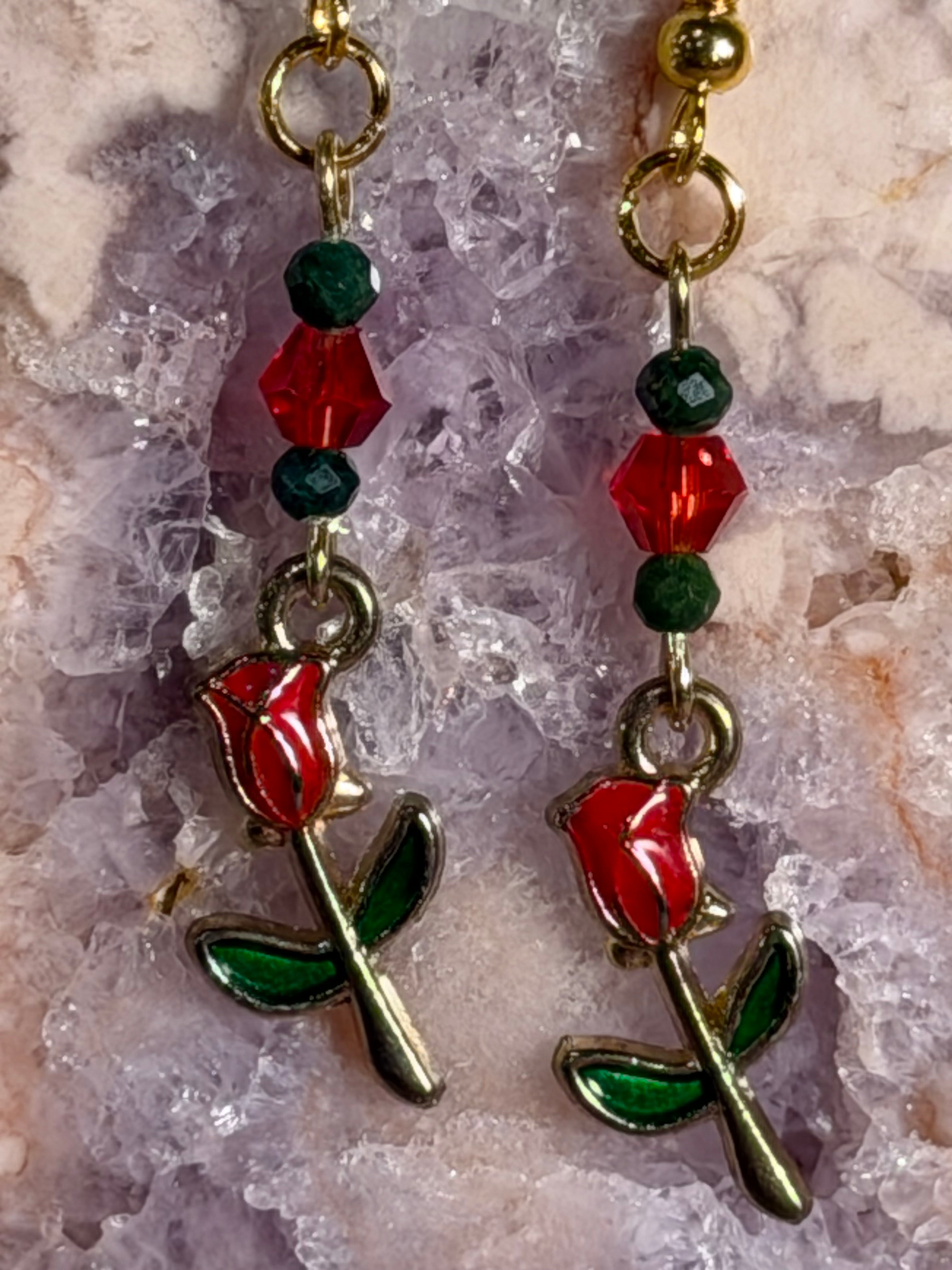 Green Mica & red glass beaded earrings with gold-tone rose charms