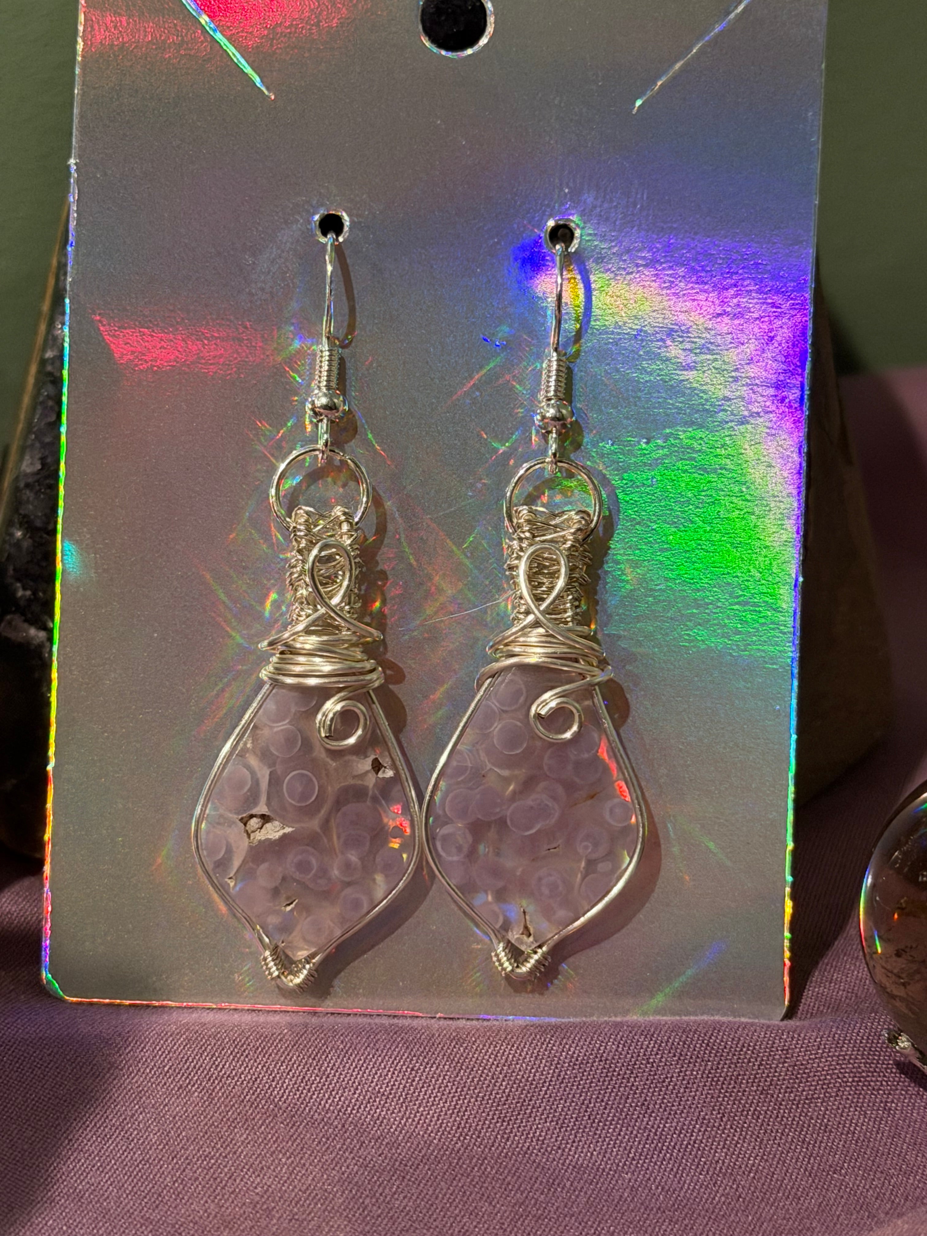 Grape Agate silver-tone copper wire-wrapped earrings