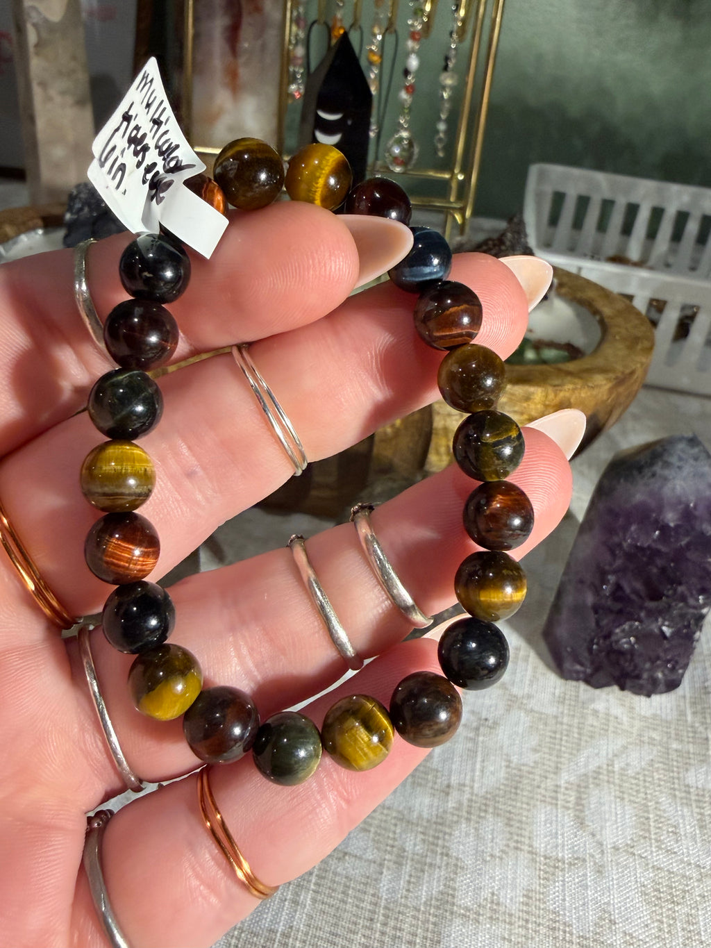 Tri-colored tigers eye 6 inch stretchy bracelet
