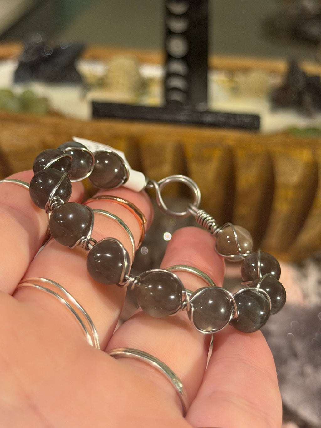 Gray Moonstone 5.5-inch stainless steel wire-wrapped bracelet