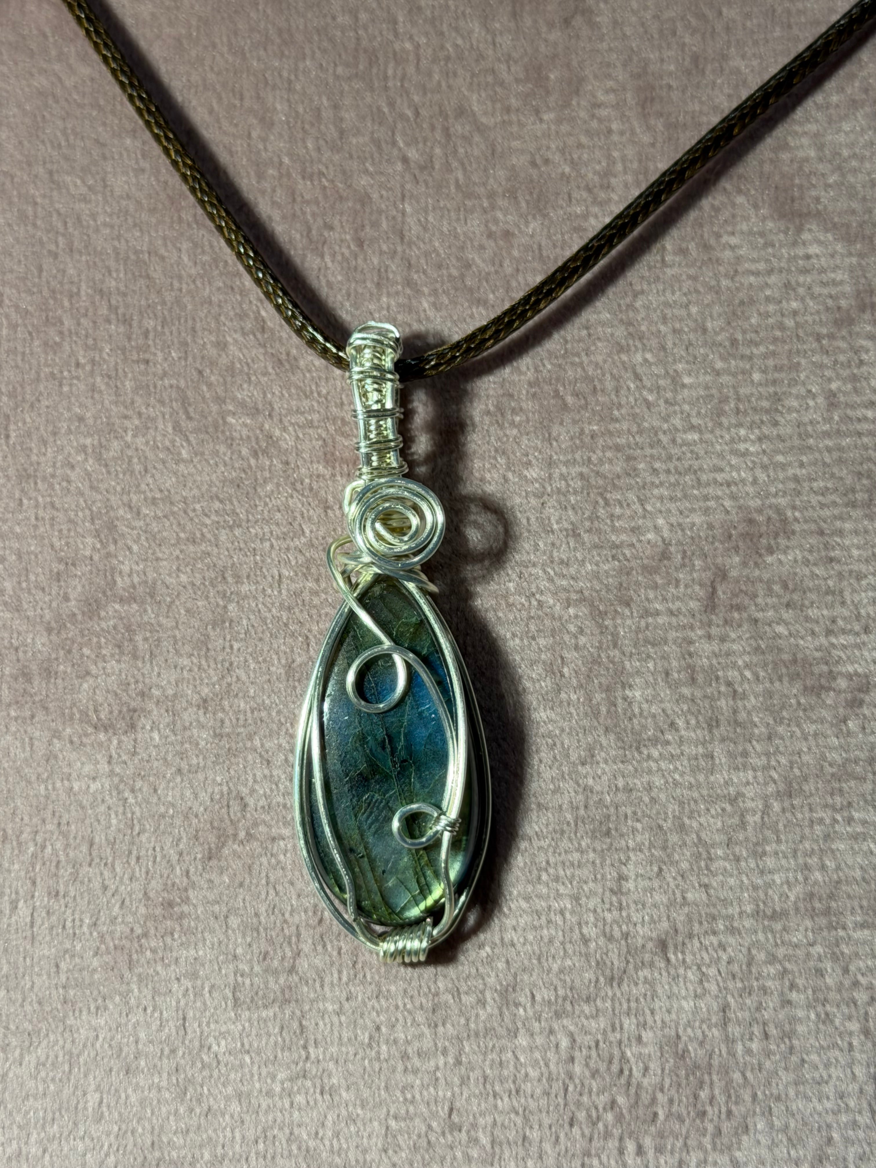 Labradorite silver-tone copper wire-wrapped pendant