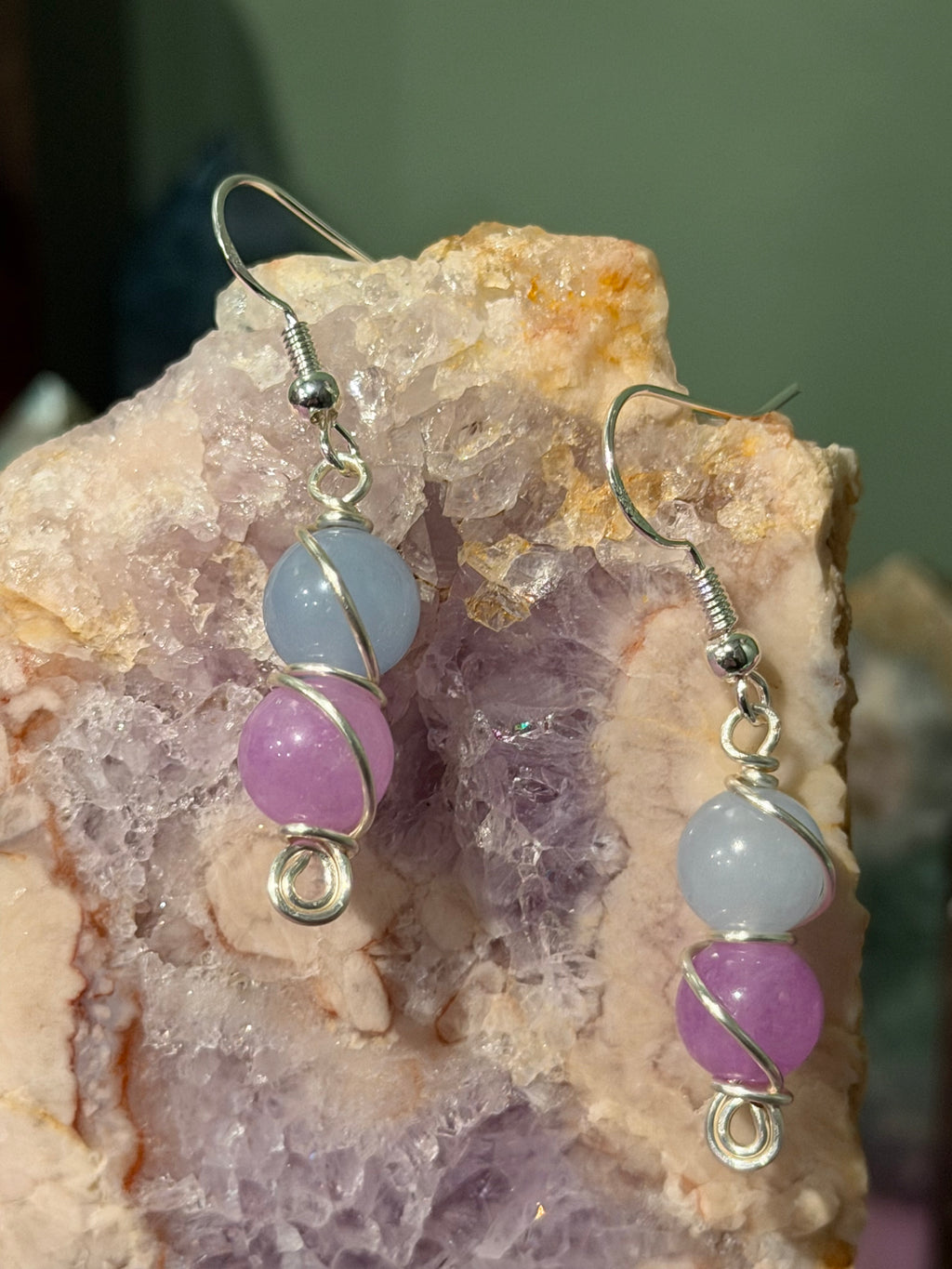 Amethyst & Aquamarine silver-tone copper wire-wrapped earrings