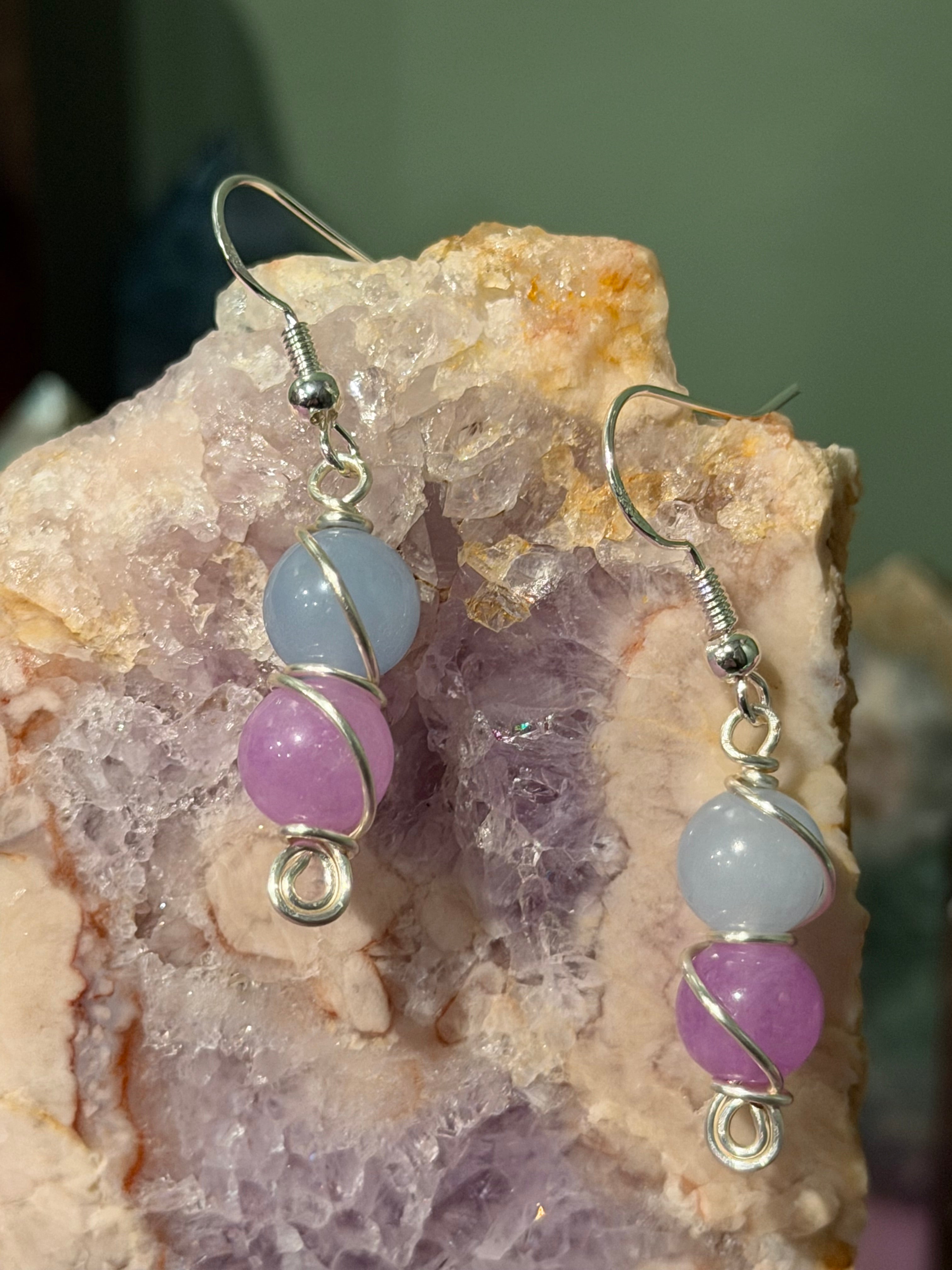 Amethyst & Aquamarine silver-tone copper wire-wrapped earrings