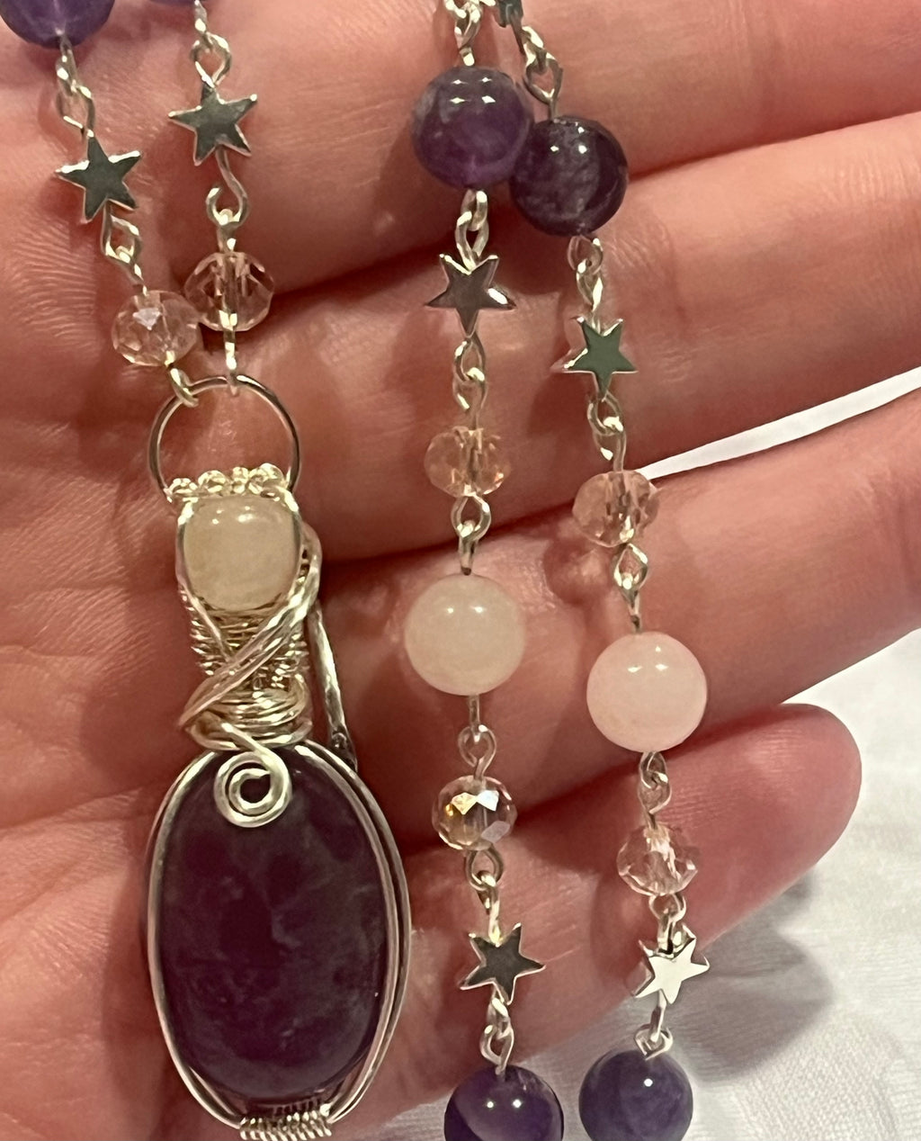 Amethyst & Rose Quartz silver-tone copper wire-wrapped beaded necklace
