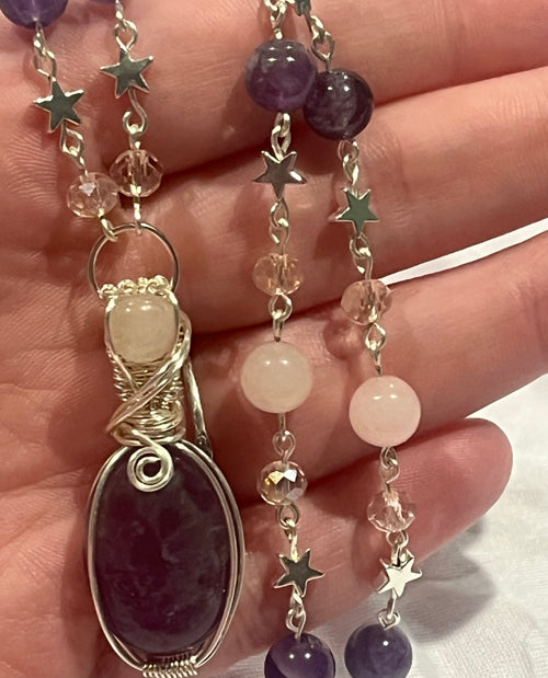 Amethyst & Rose Quartz silver-tone copper wire-wrapped beaded necklace