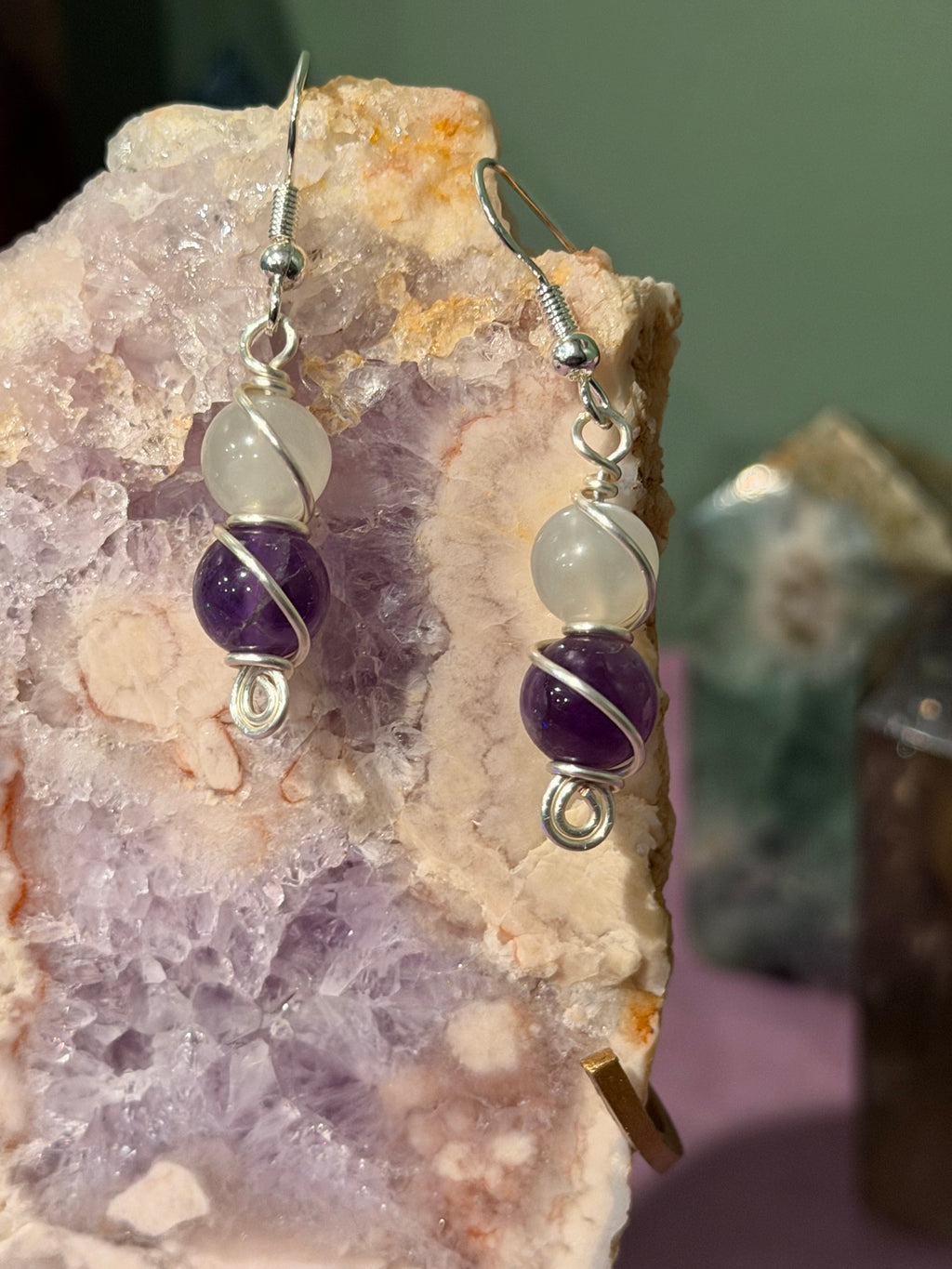 Moonstone & Amethyst silver-tone copper wire-wrapped earrings