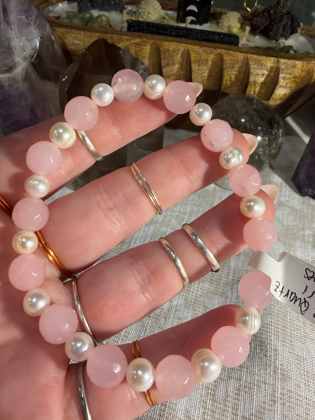 Rose Quartz and freshwater Pearl 8 inch stretchy bracelet