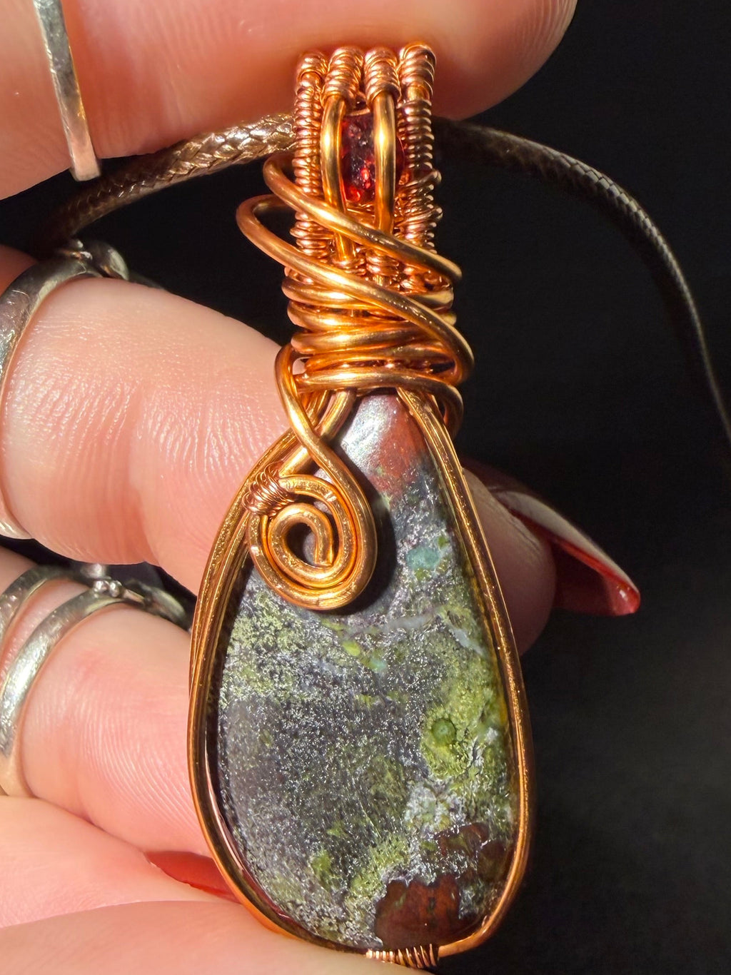 Dragon Stone & Garnet copper wire-wrapped pendant